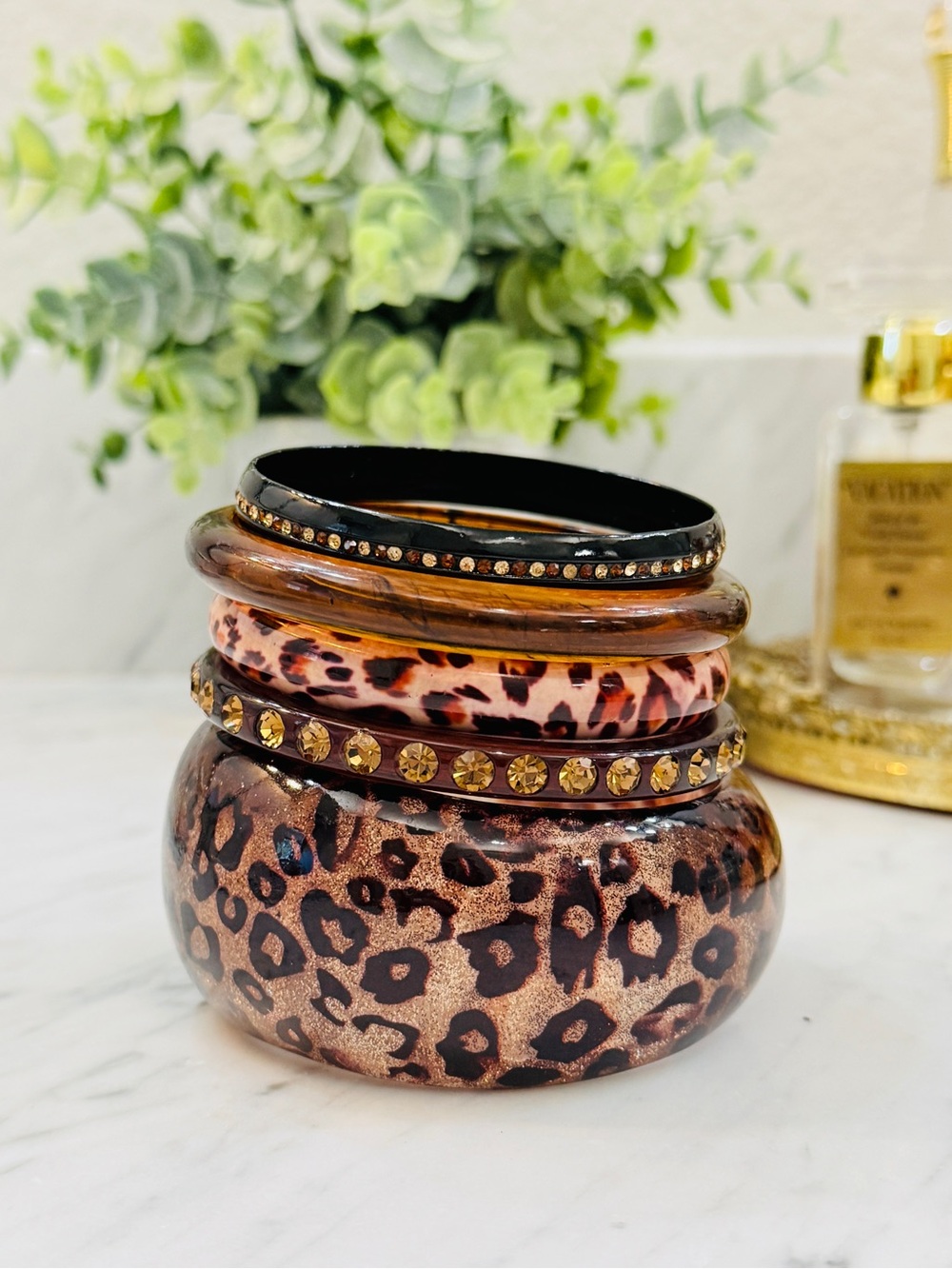 Vintage Lucite and Metal Leopard Print Decorative Bangles